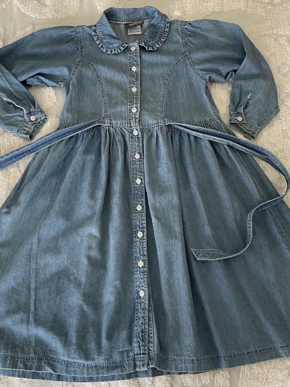 VINTAGE Denim Shirt Dress Girls 12/L Blue Belted 90s Cottage Western Farmer